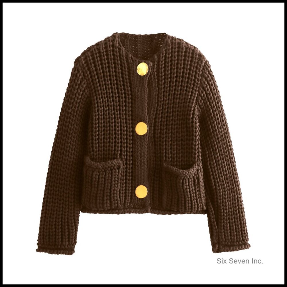 Chunky Knit Cardigan Cropped Button Front Elegant Chic Y2K Cozy Sweater